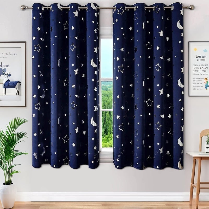 WUBODTI Boys Curtains Navy Blue 100% Blackout Star Curtains Cute Space Themed Thermal Insulated Room Darkening Blackout Short Drapes for Kids Room Nursery Boys Bedroom(W52 x L63, 2 Panels) - Image 1